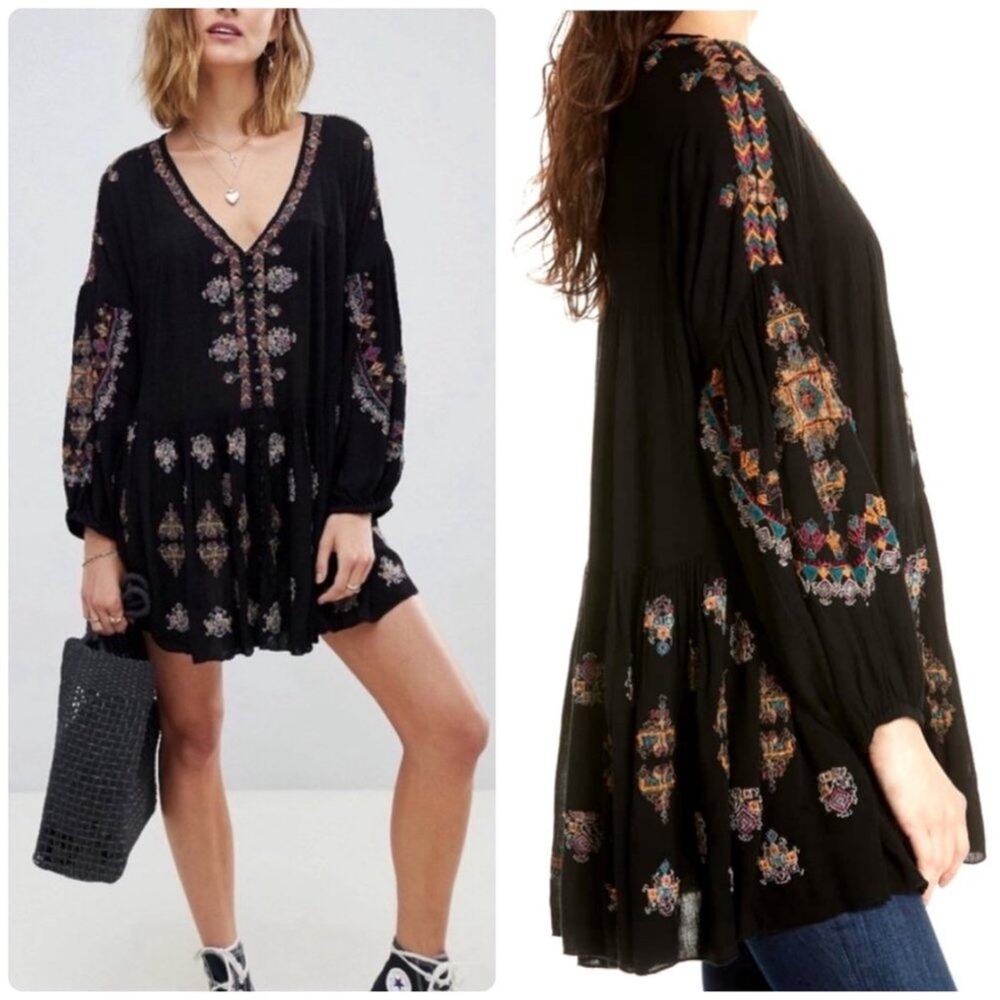 Free People Ariana Embroidered Tunic Womens Small Black Floral Oversized NWT